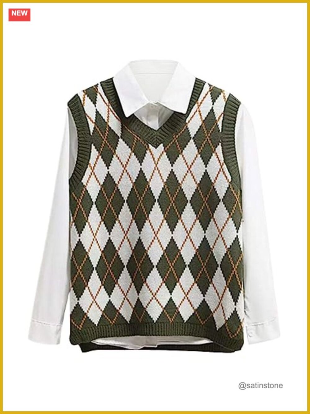 Argyle Knit Sweater Vest Sleeveless V Neck Crop Tank Top